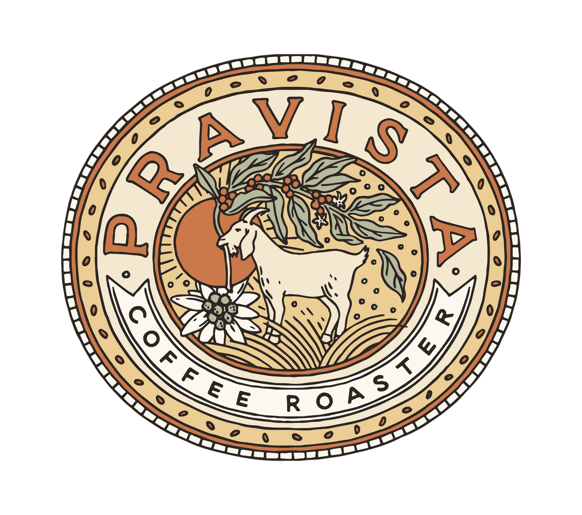 Logo for speciality coffee roaster Pravista Coffee Roaster with goat and edelweiss and smooth colors
